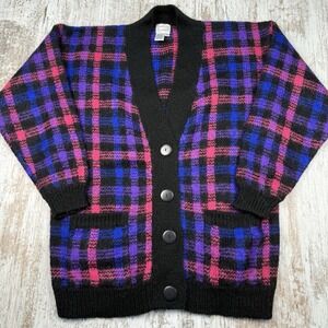 VTG Retro Neon Plaid Cardigan Wool Blend Grandma Sweater Sz M